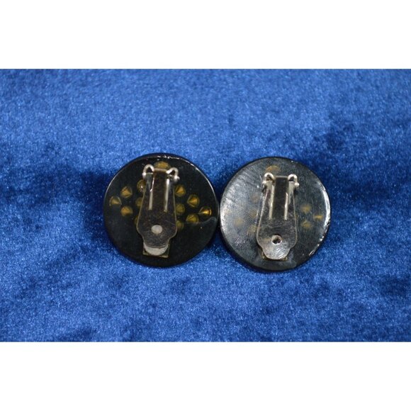 Vintage Black Circle Celluloid Plastic Gemstone Clip On Earrings Rhinestone - Picture 4 of 8